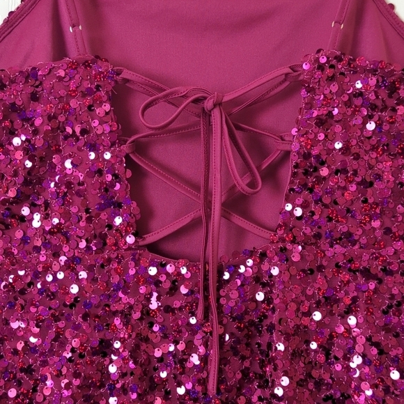 Wild Fable Sequined Sleeveless Lace Up Back Mini Party Dress Magenta Pink Medium - Picture 14 of 15